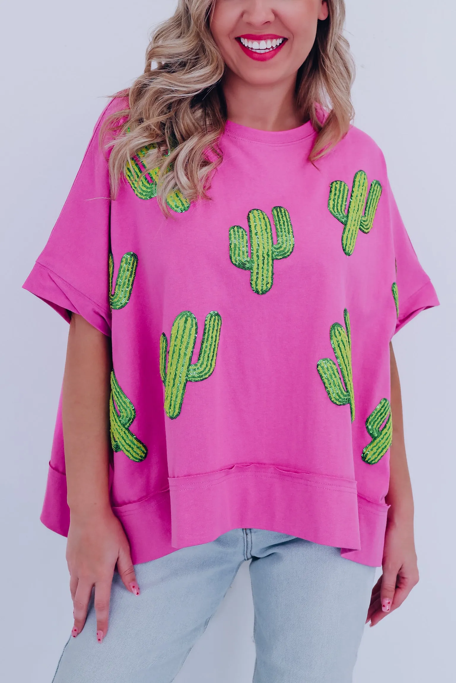 Cacti Sequin Embroidered Oversized Top - Pink