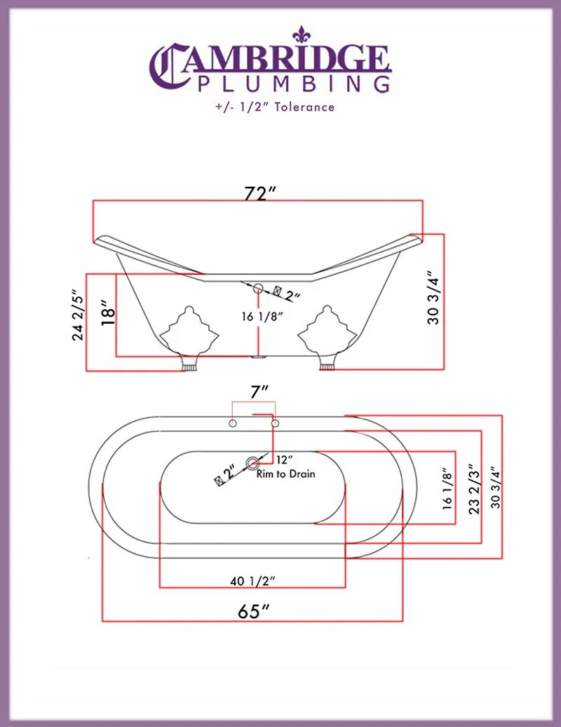 Cambridge Plumbing Cast Iron Double Ended Slipper Tub 71" X 30" with 7" Deck Mount Faucet Drillings and Polished Chrome Feet