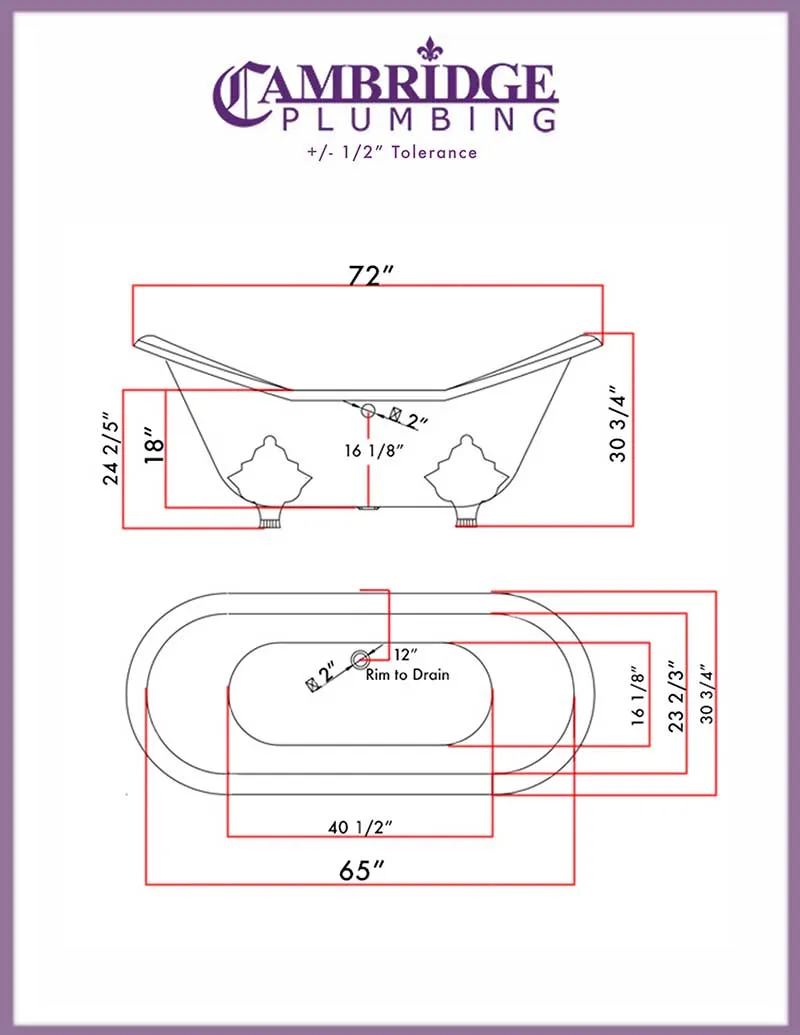 Cambridge Plumbing Cast Iron Double Ended Slipper Tub 71" X 30" with no Faucet Drillings and Complete Brushed Nickel Free Standing English Telephone Style Faucet with Hand Held Shower Assembly Plumbing Package