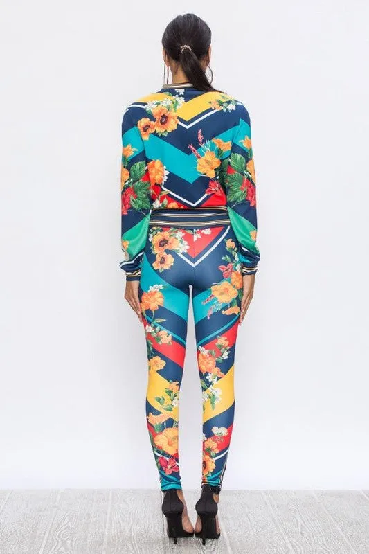 Candi Navy Diagonal Stripe Flower Print Stretch Fit Tracksuit
