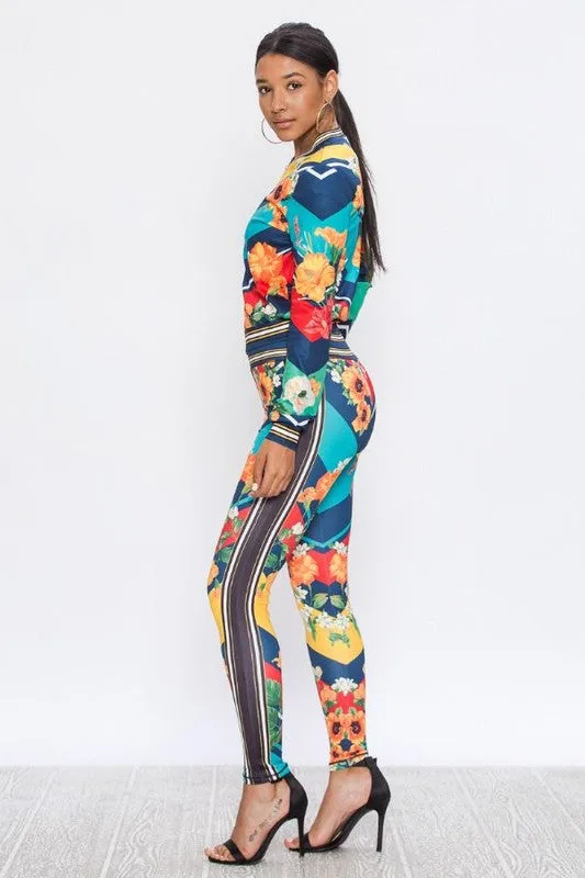 Candi Navy Diagonal Stripe Flower Print Stretch Fit Tracksuit
