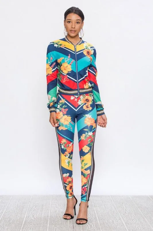 Candi Navy Diagonal Stripe Flower Print Stretch Fit Tracksuit
