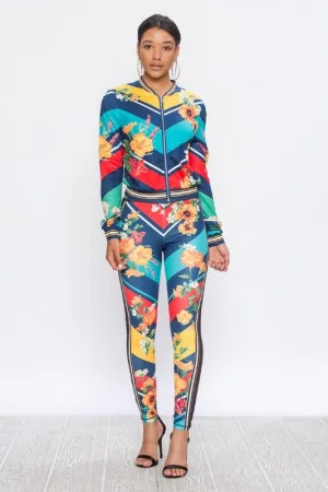 Candi Navy Diagonal Stripe Flower Print Stretch Fit Tracksuit
