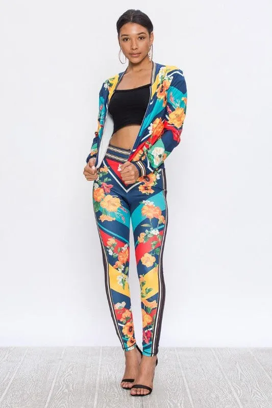 Candi Navy Diagonal Stripe Flower Print Stretch Fit Tracksuit