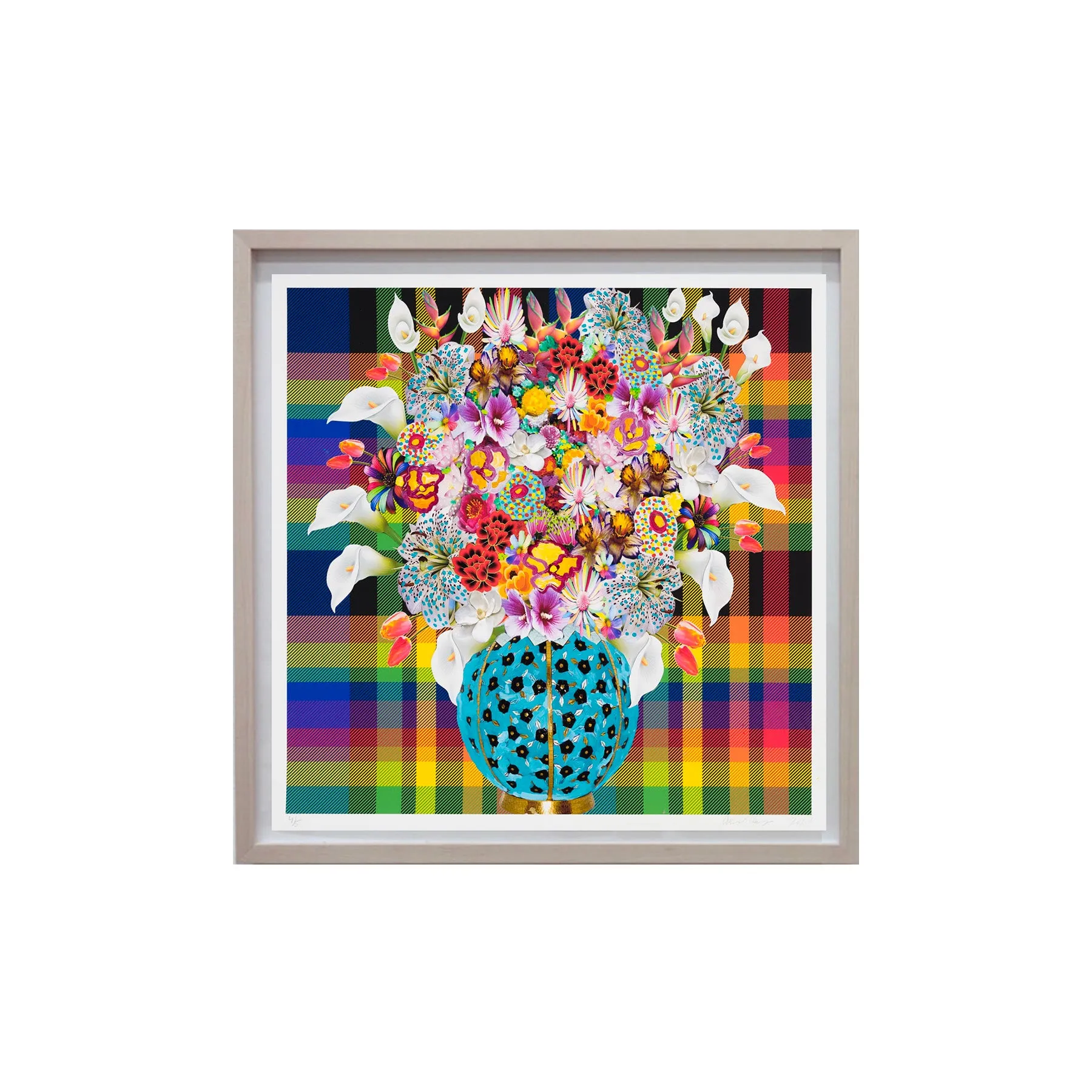 Caroline Larsen, Flowers with Plaid Version 4, 2022; Hand-Embellished, Signed, and Numbered Limited Edition Print
