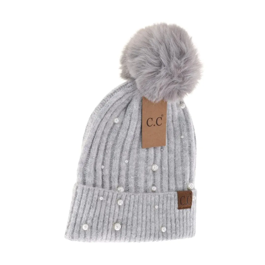 C.C Pearl Embellished Faux Fur Pom Beanie
