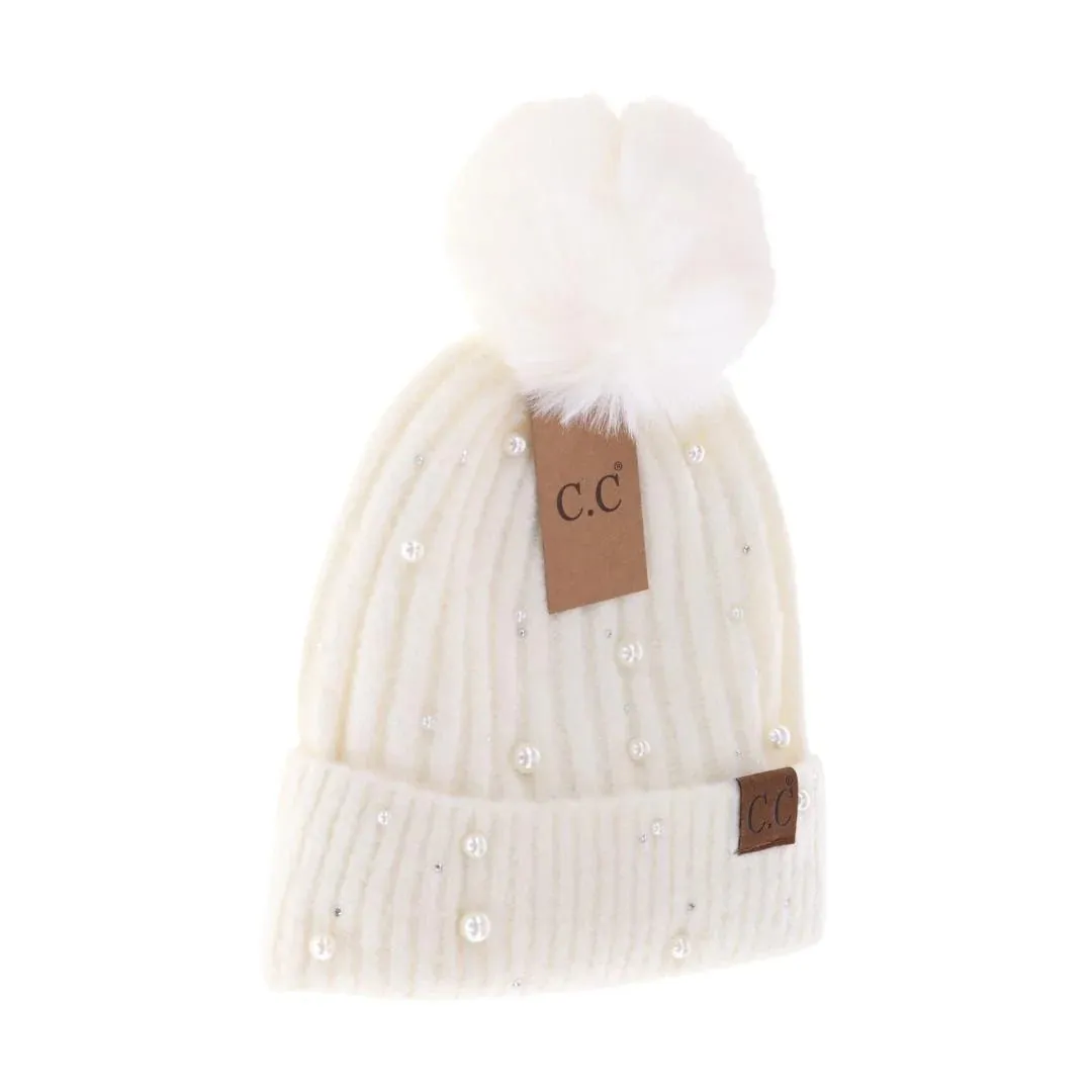 C.C Pearl Embellished Faux Fur Pom Beanie
