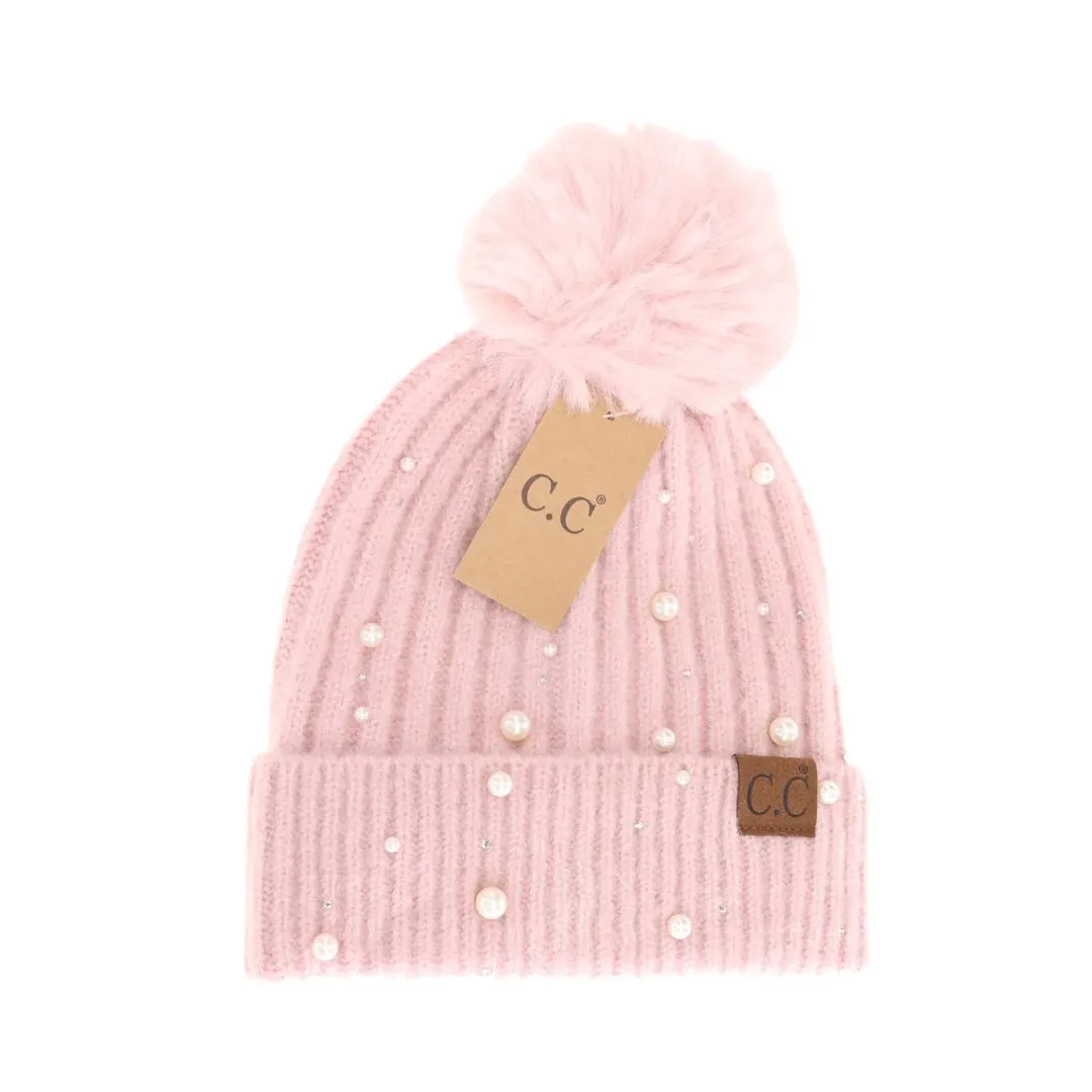 C.C Pearl Embellished Faux Fur Pom Beanie