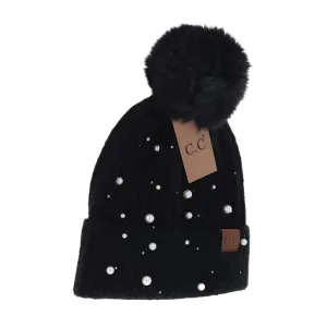 C.C Pearl Embellished Faux Fur Pom Beanie