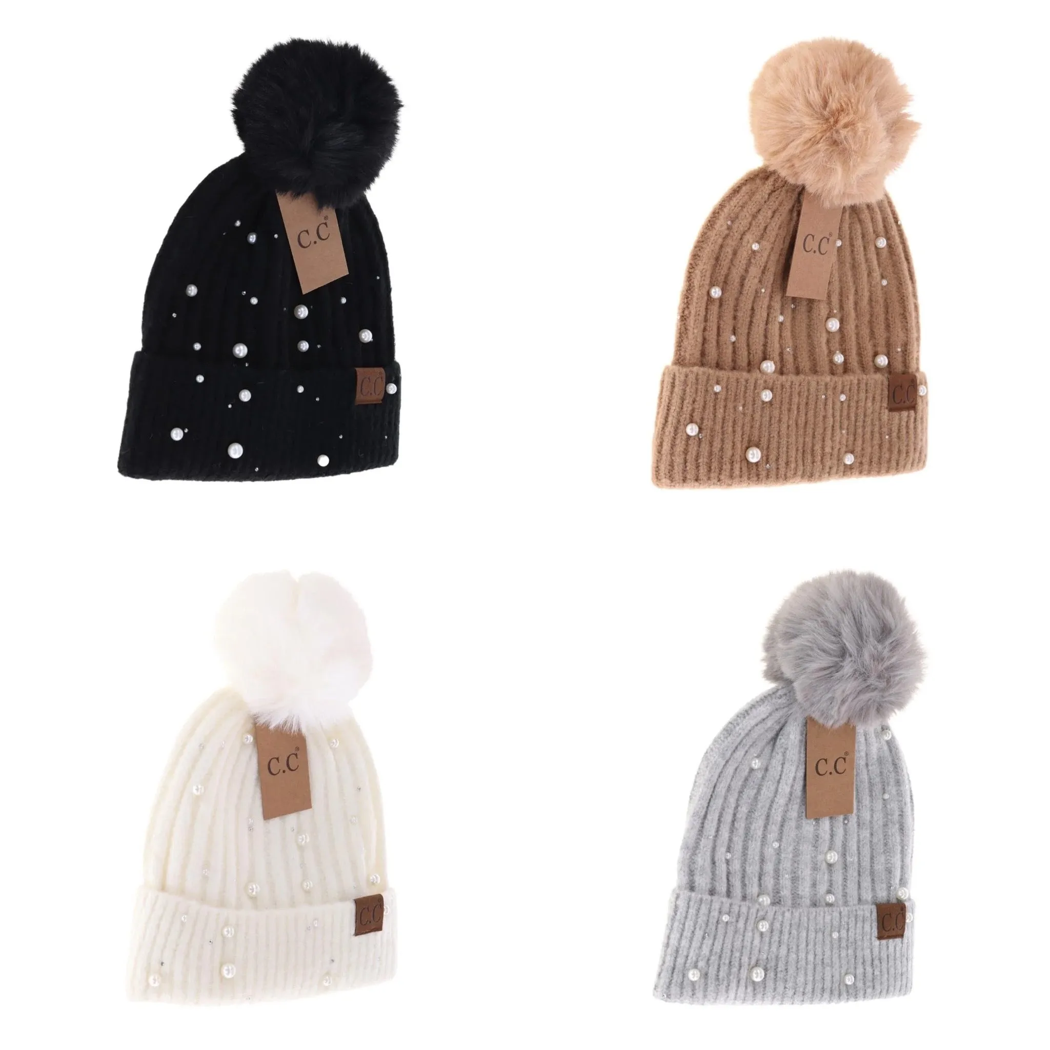 C.C Pearl Embellished Faux Fur Pom Beanie