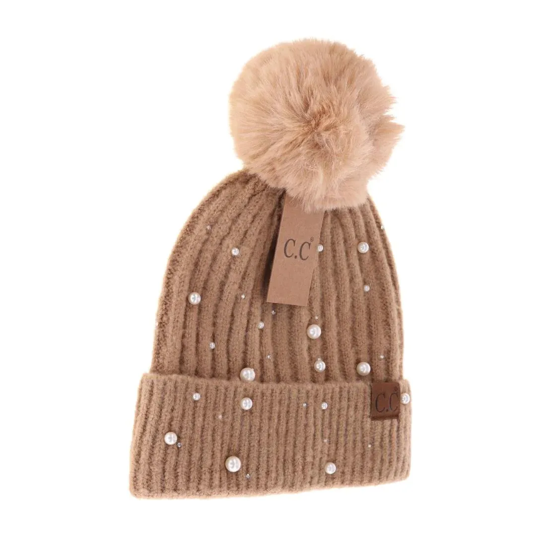 C.C Pearl Embellished Faux Fur Pom Beanie