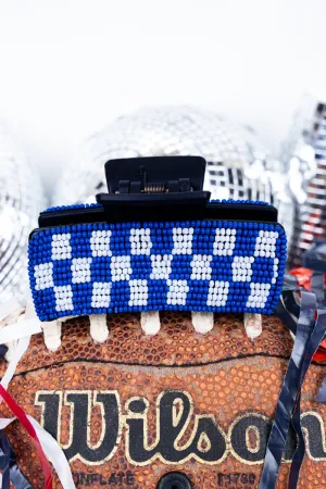 Checkered Blue and White Seed Bead Hair Claw