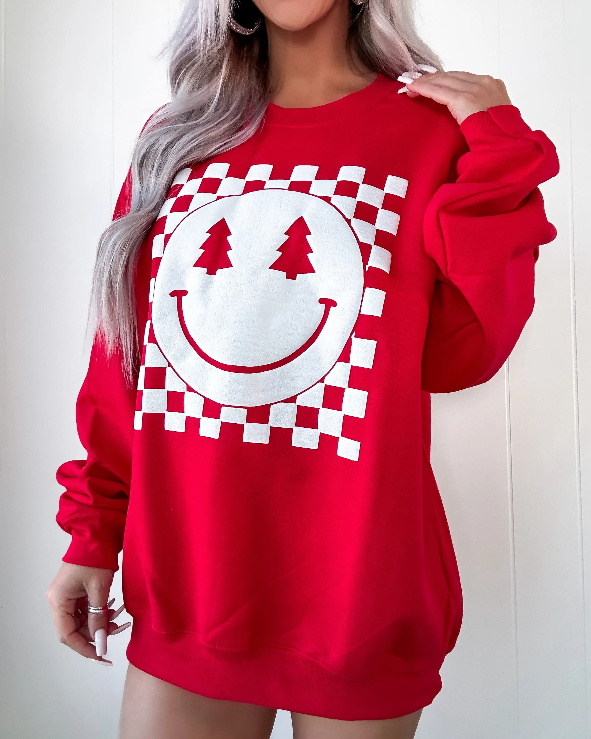 Checkered Christmas Smiley Sweatshirt - Red