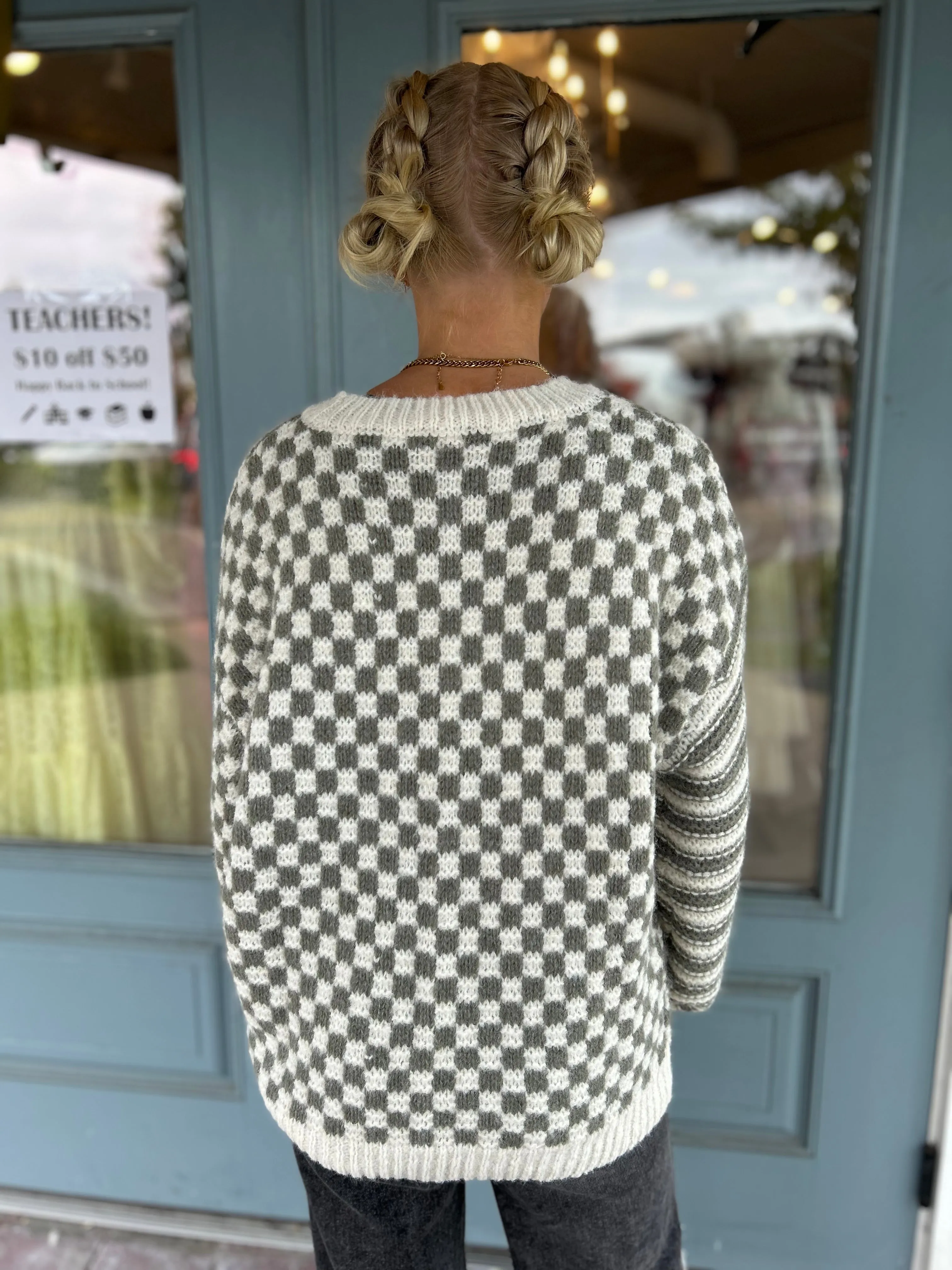 CHECKERED CREW KNIT SWEATER