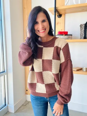 Checkered Crochet Sweater in Brown