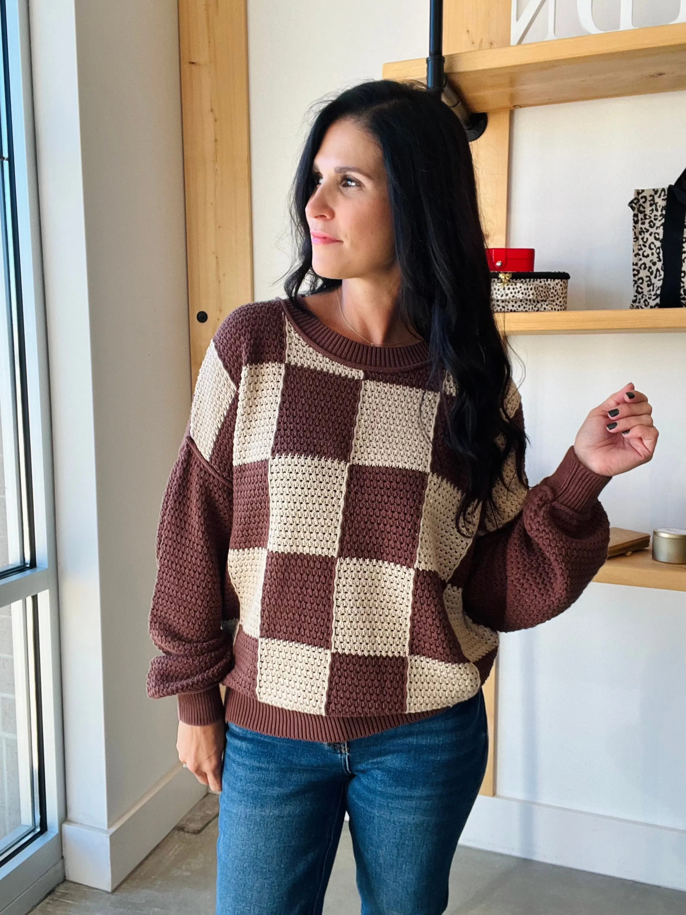 Checkered Crochet Sweater in Brown