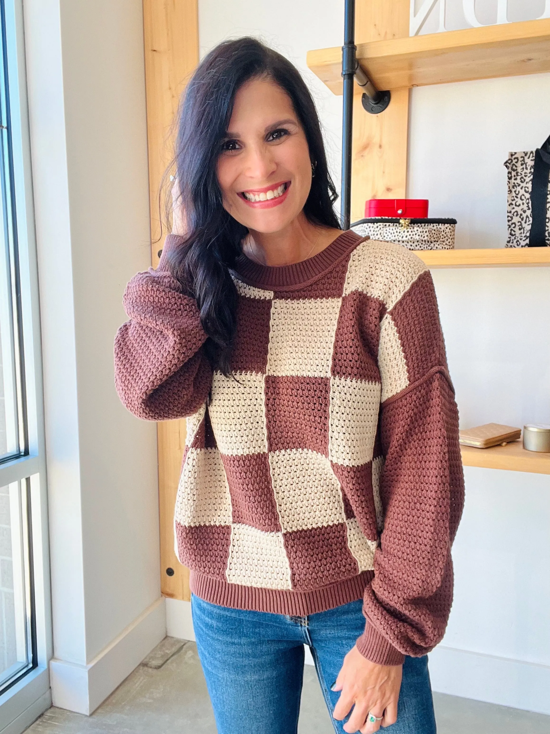 Checkered Crochet Sweater in Brown