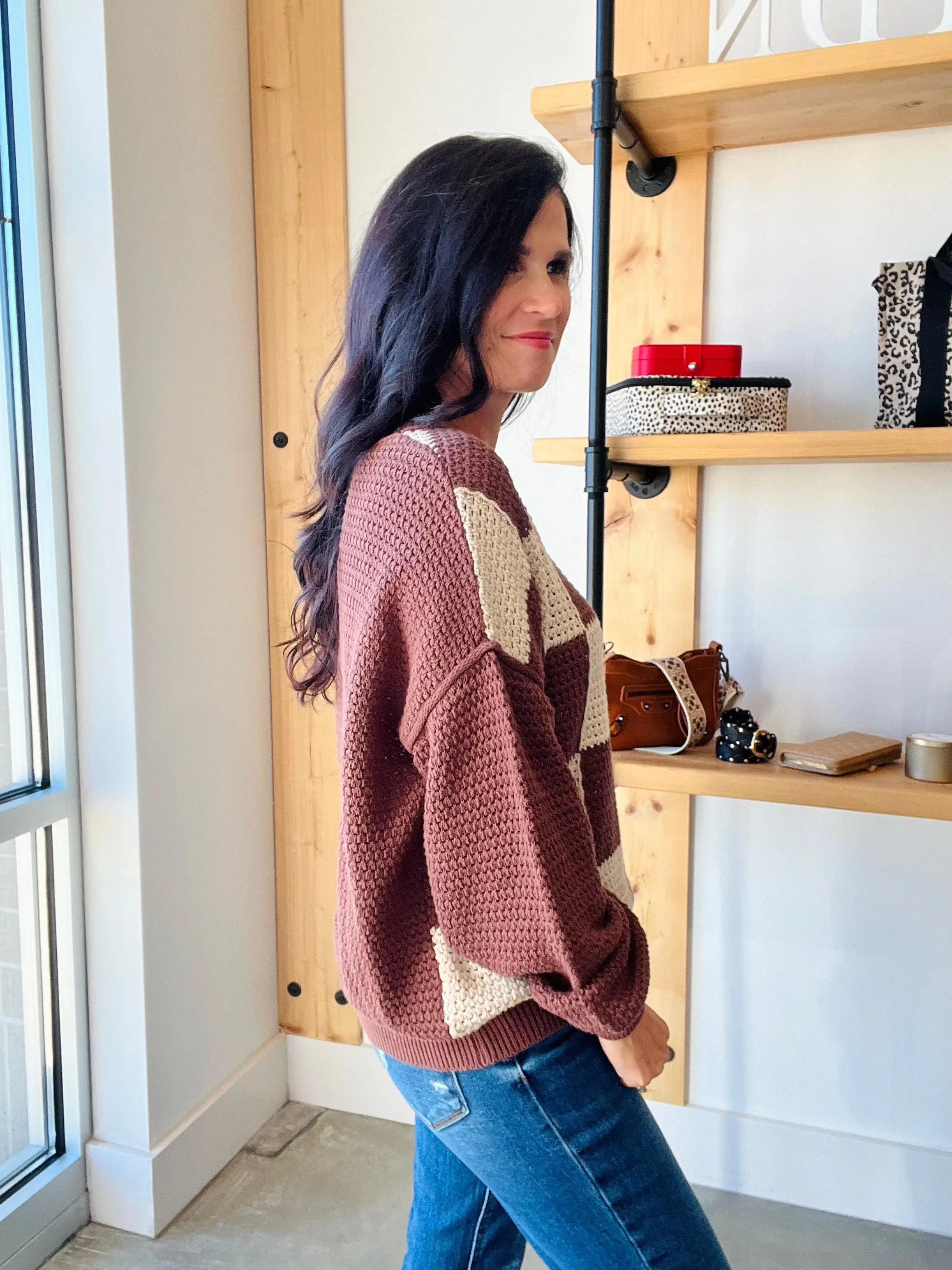 Checkered Crochet Sweater in Brown