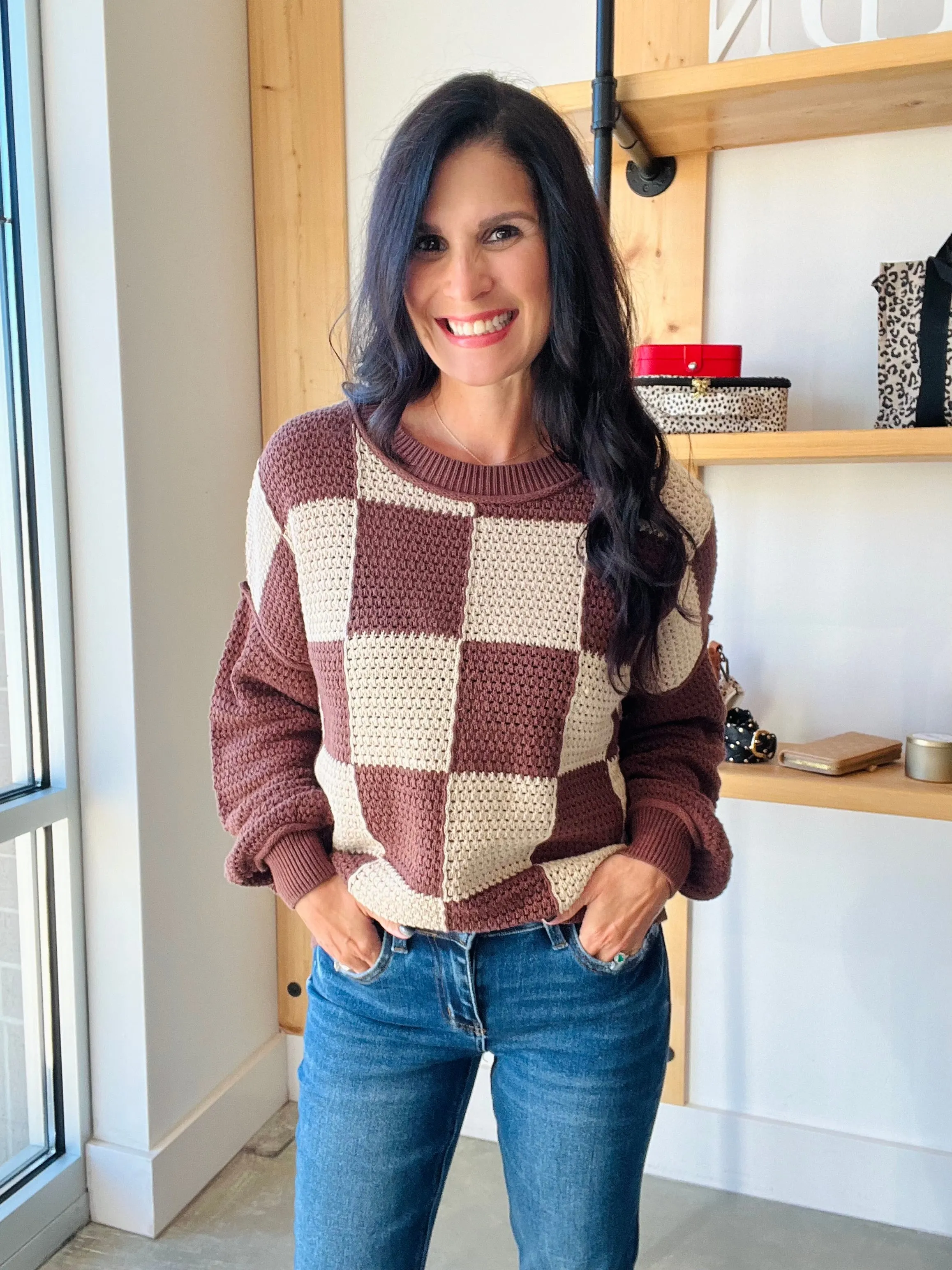 Checkered Crochet Sweater in Brown