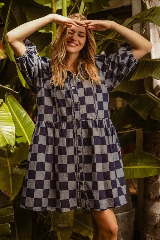 Checkered Denim Short Dress