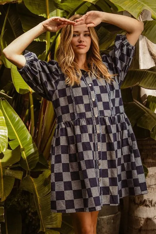 Checkered Denim Short Dress