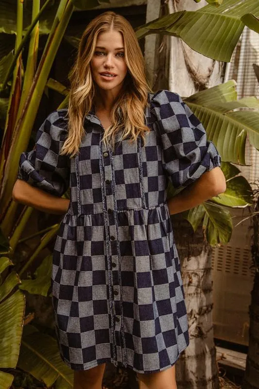 Checkered Denim Short Dress