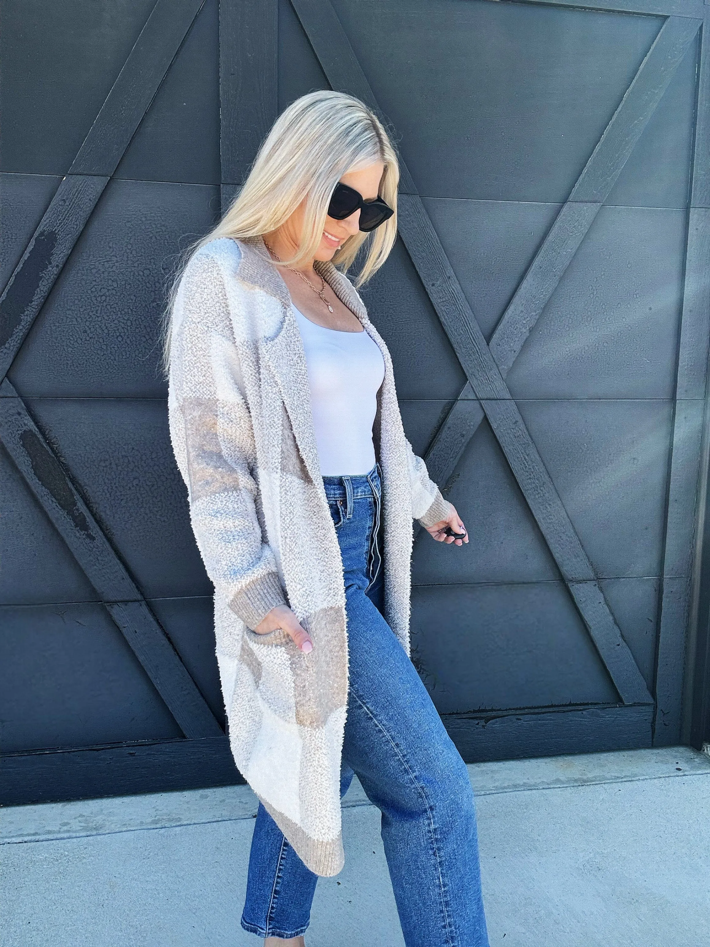 Checkered Fluffy Open Cardigan in Taupe