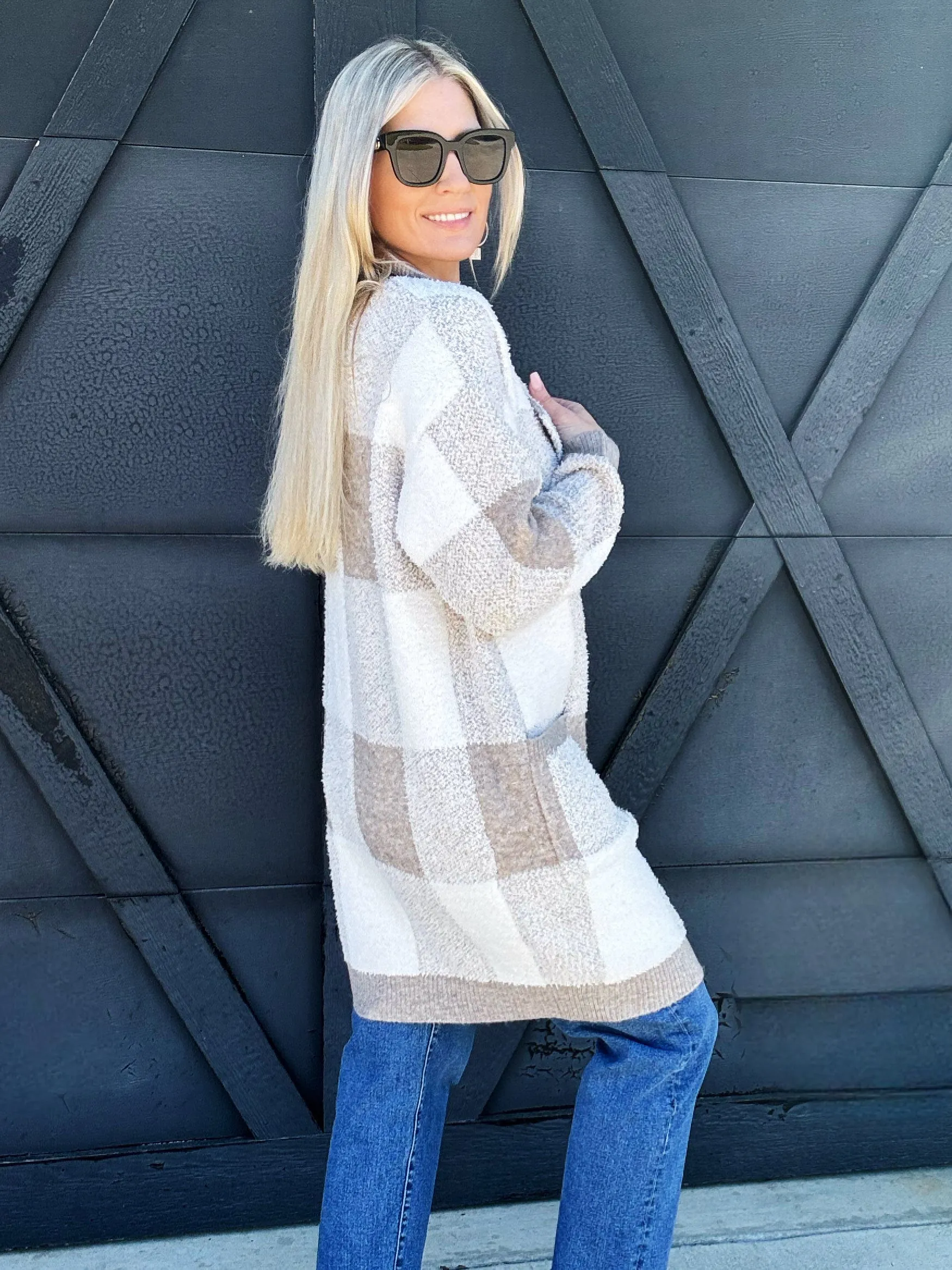 Checkered Fluffy Open Cardigan in Taupe