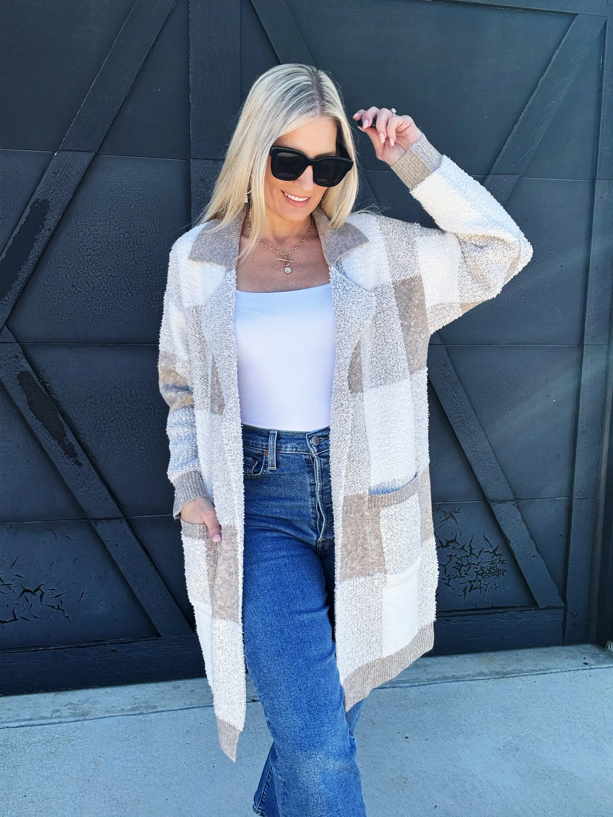 Checkered Fluffy Open Cardigan in Taupe