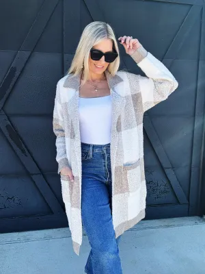 Checkered Fluffy Open Cardigan in Taupe