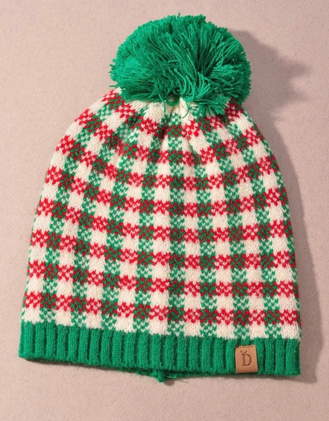 Checkered Holiday Beanie with Pom- 3 Colors