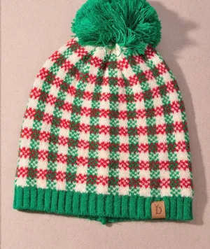 Checkered Holiday Beanie with Pom- 3 Colors
