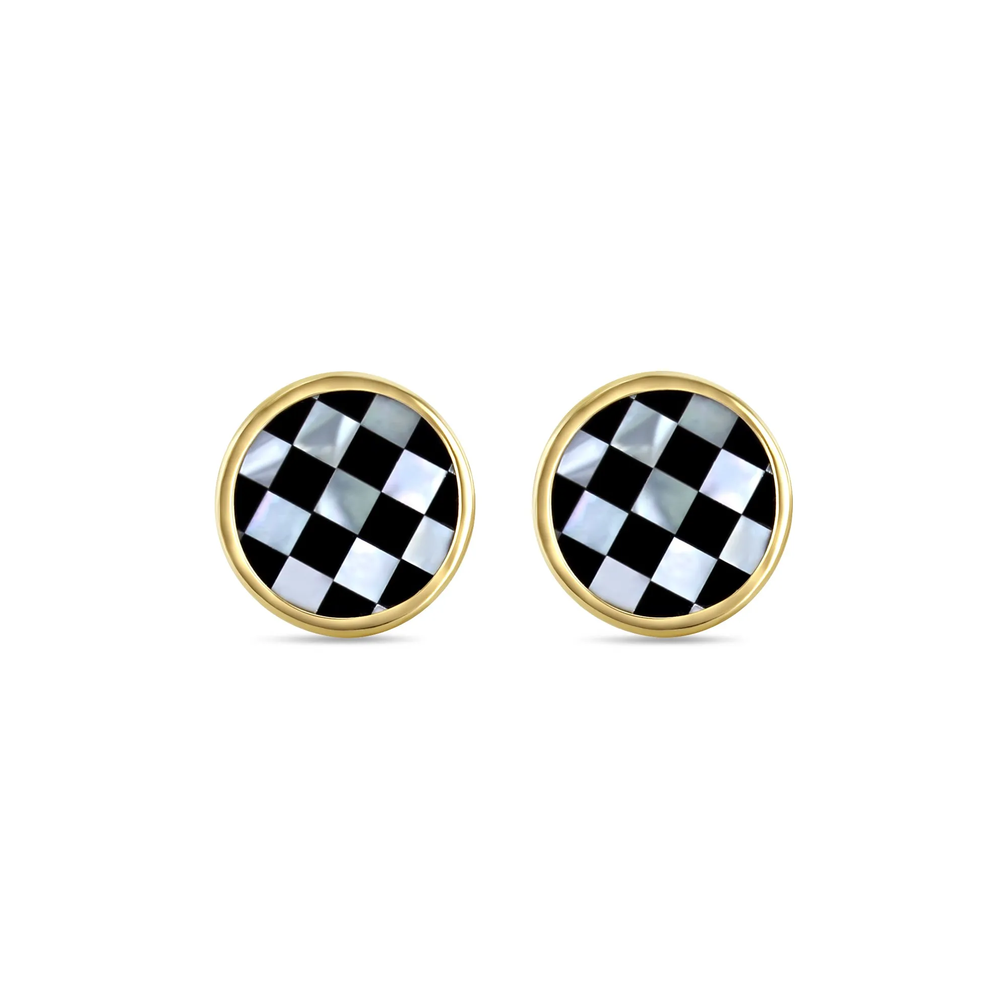Checkered Mother of Pearl & Onyx Cuff Links with 14k Yellow Gold Bezel