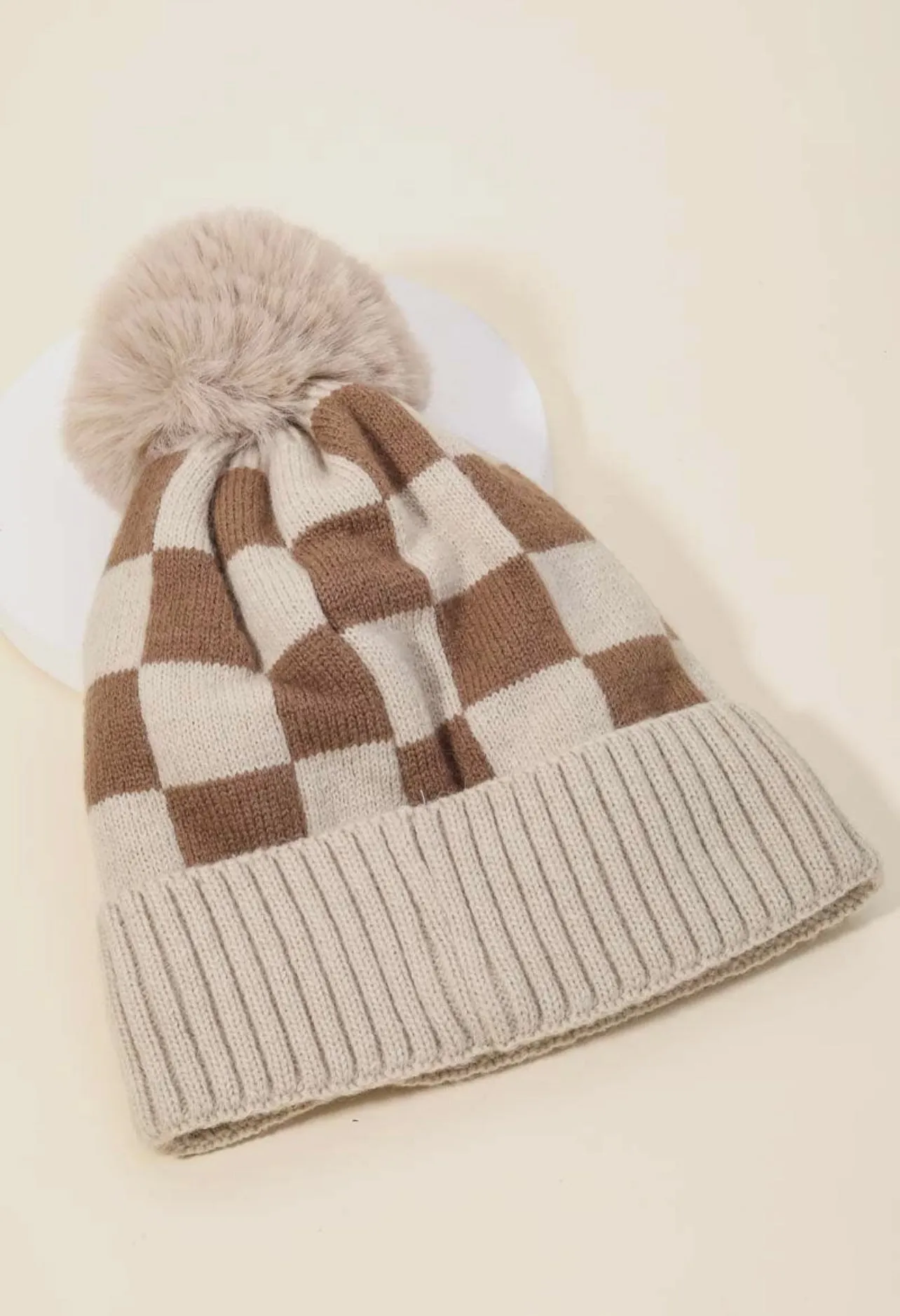 Checkered Pink Pom Beanie