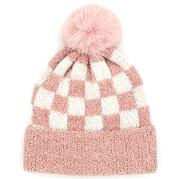 Chillin' Checkered Pom Beanie - Pink