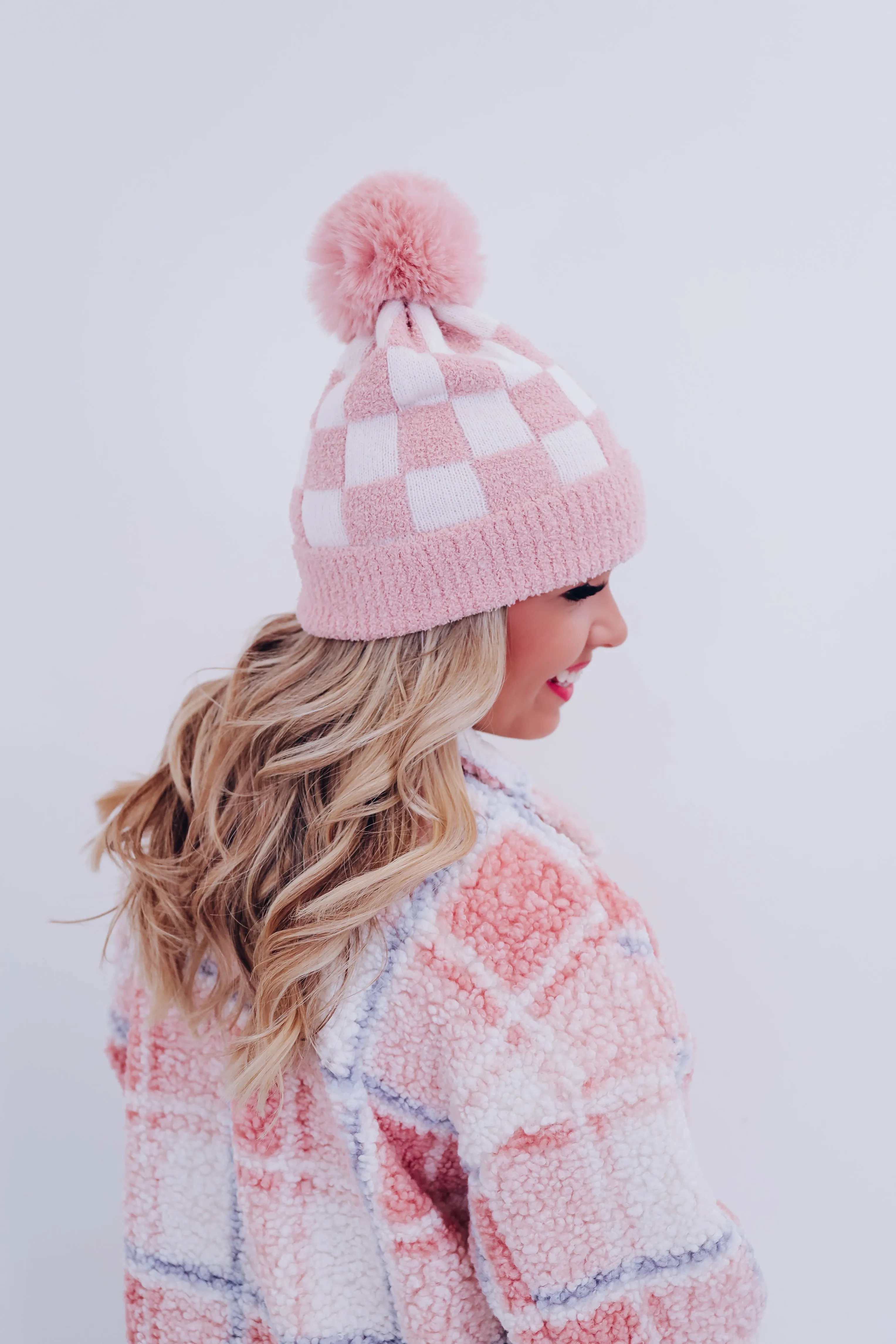 Chillin' Checkered Pom Beanie - Pink