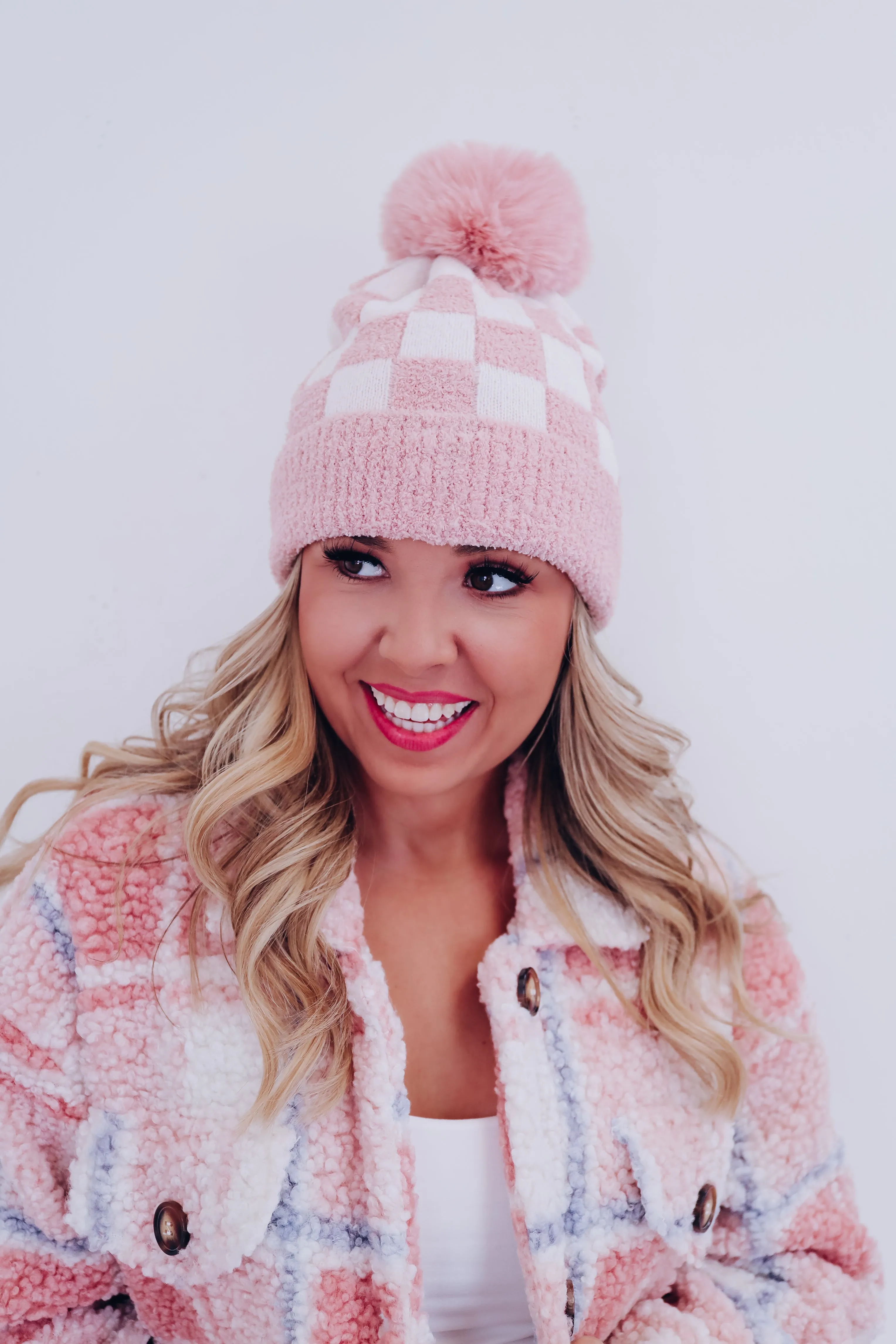 Chillin' Checkered Pom Beanie - Pink