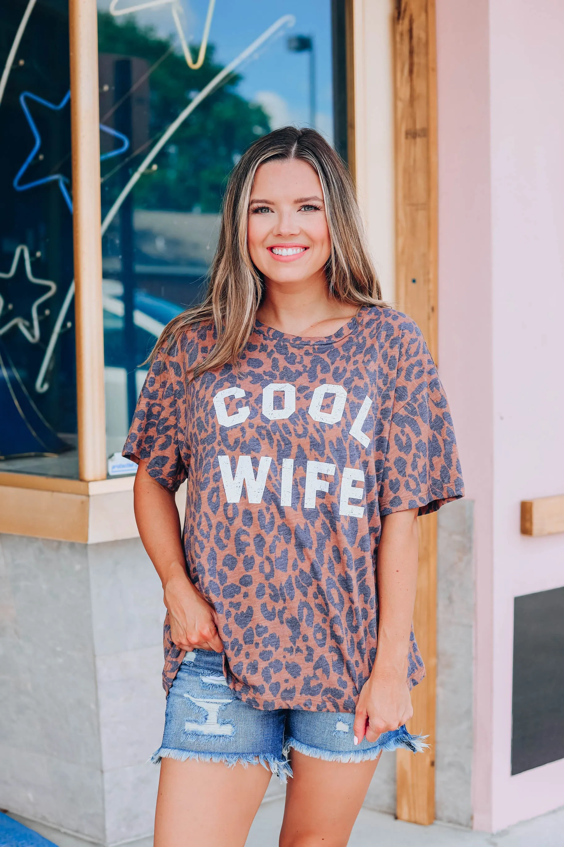 Cool Wife Leopard Graphic Tee - Brown