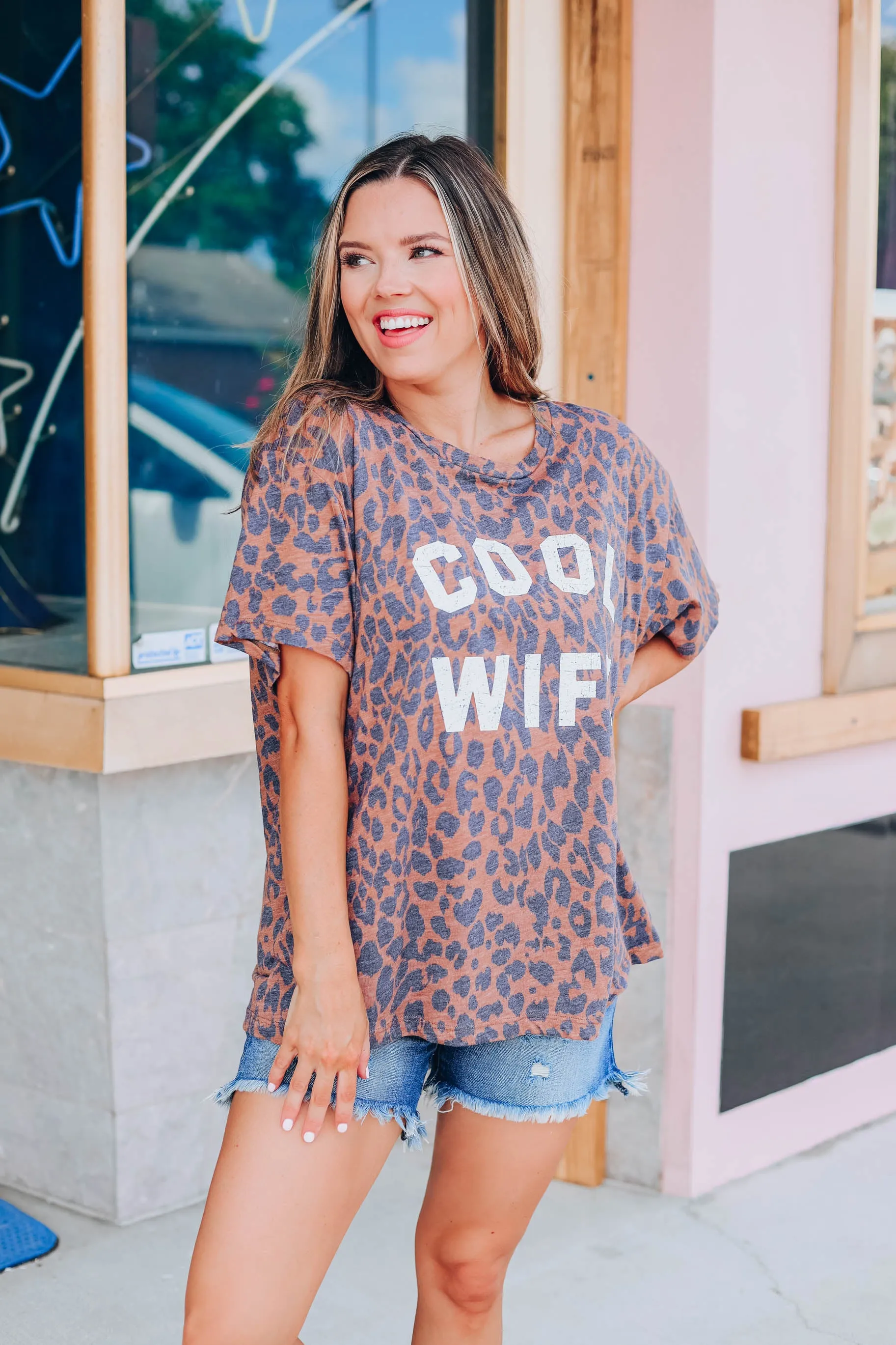 Cool Wife Leopard Graphic Tee - Brown