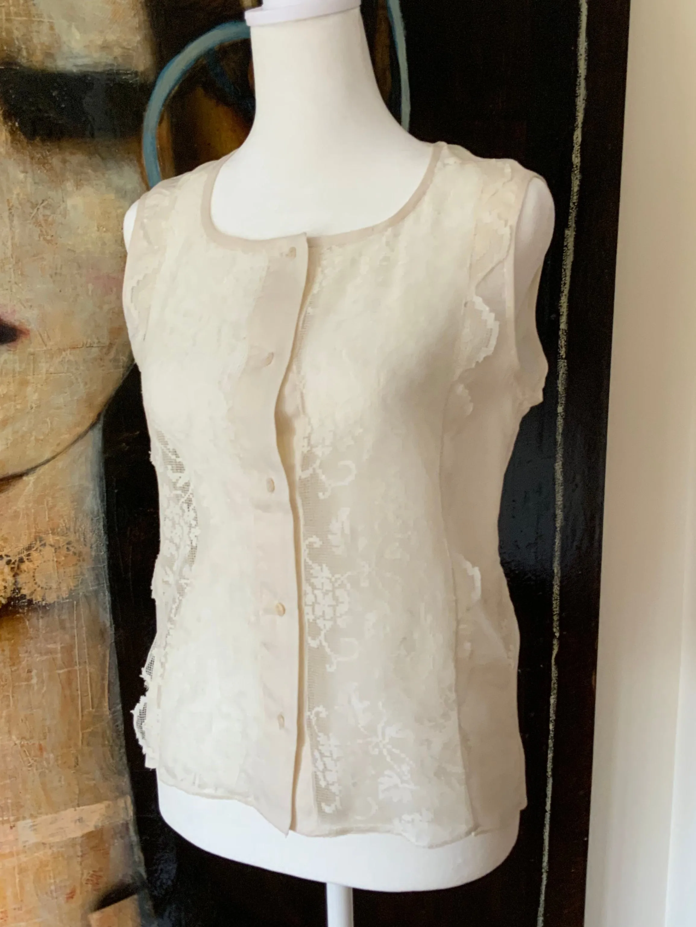 Cotton Blouse adorned with Antique Filet Lace - Y2K - E2