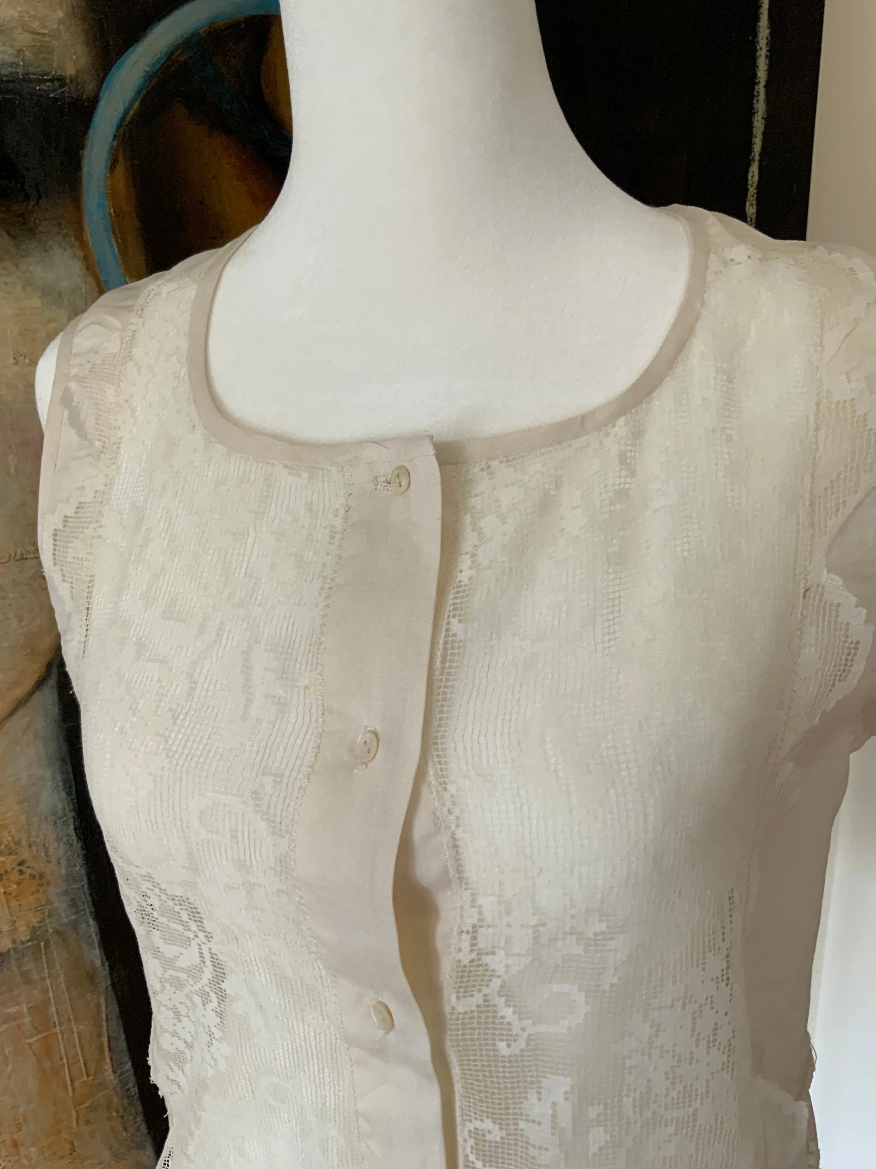 Cotton Blouse adorned with Antique Filet Lace - Y2K - E2