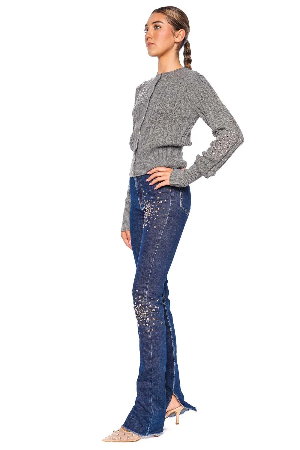 Crystal Embellished Cable-Knit Cardigan