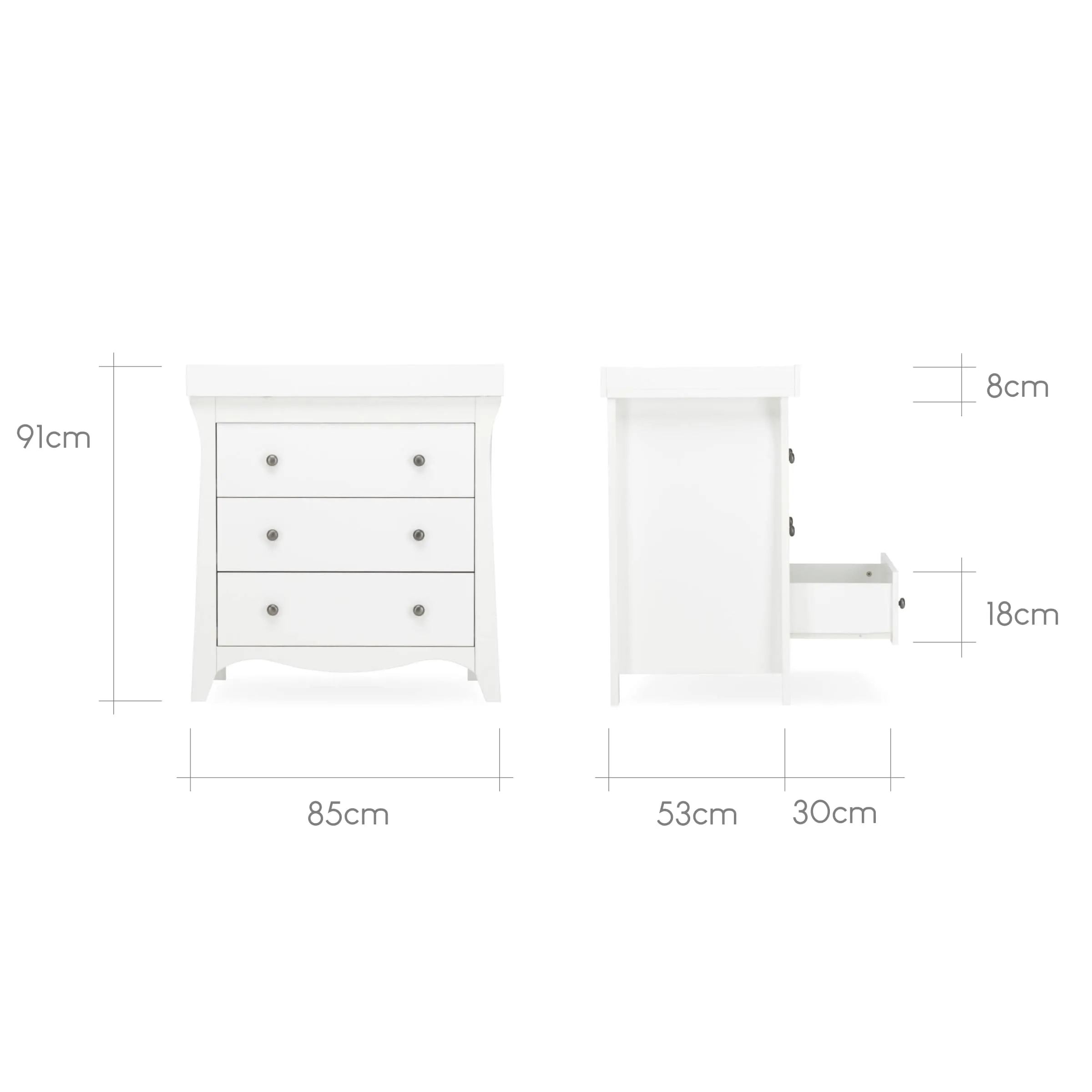 Cuddleco Clara 3 Piece Set 3 Drawer Dresser, Cot Bed and Wardrobe - White