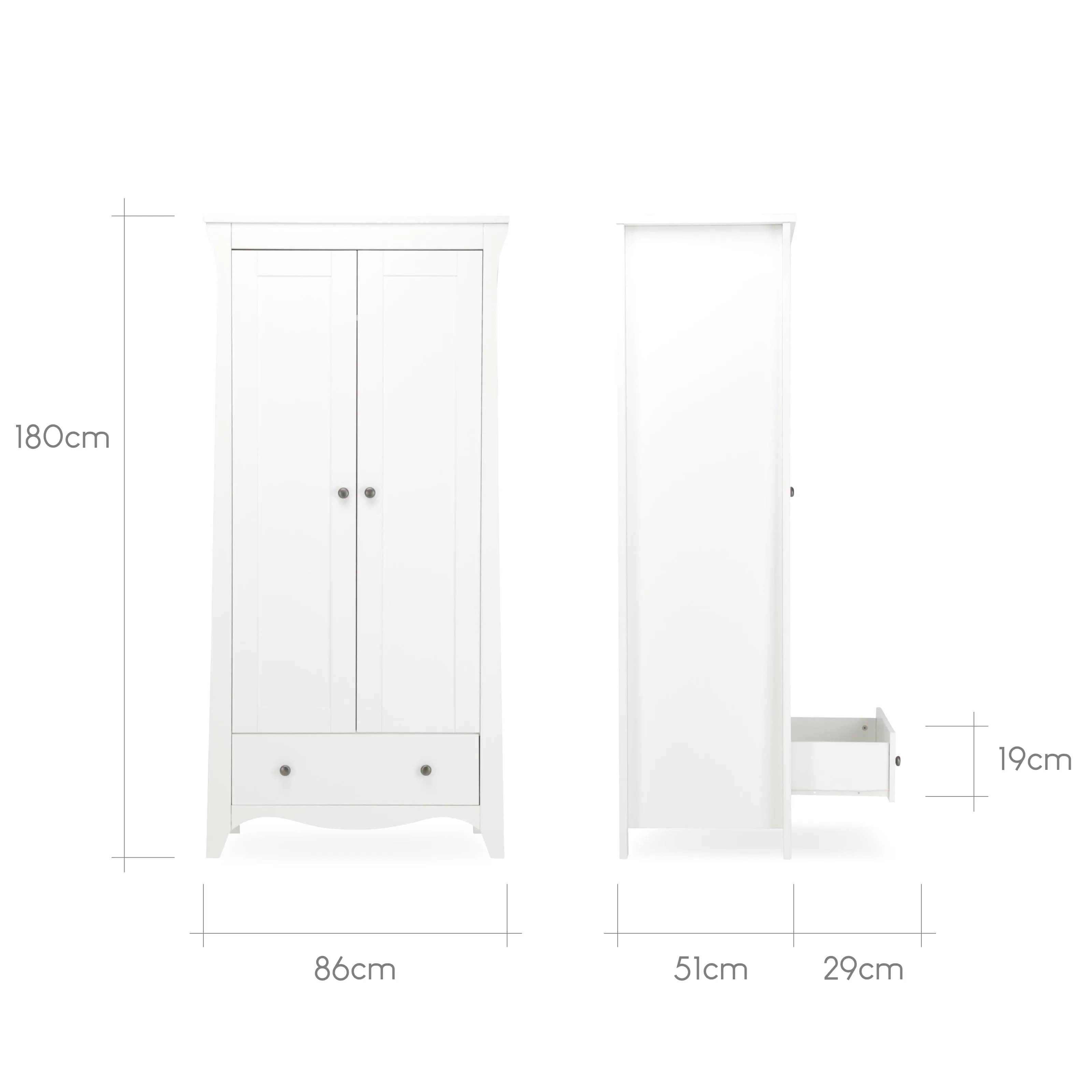 Cuddleco Clara 3 Piece Set 3 Drawer Dresser, Cot Bed and Wardrobe - White
