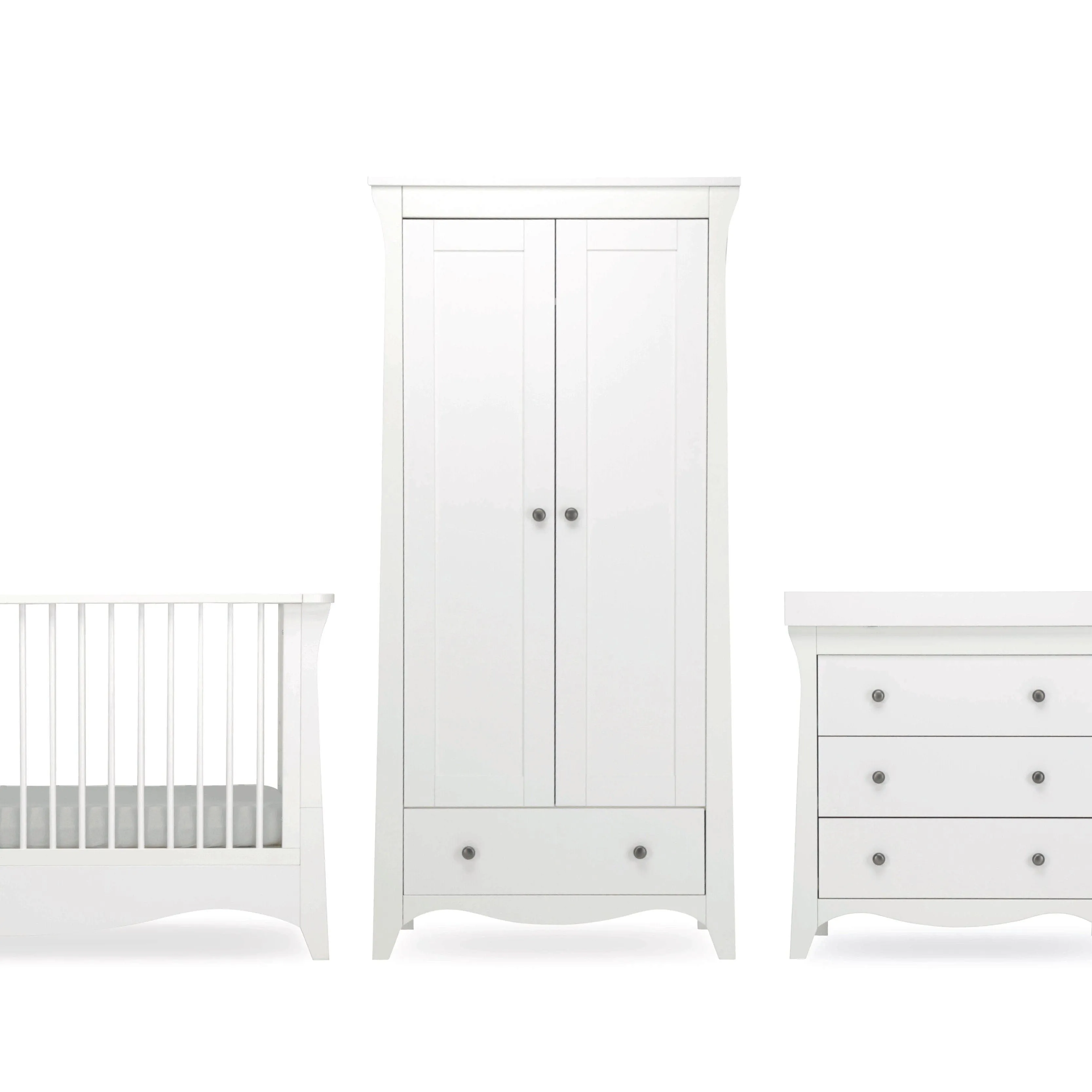 Cuddleco Clara 3 Piece Set 3 Drawer Dresser, Cot Bed and Wardrobe - White