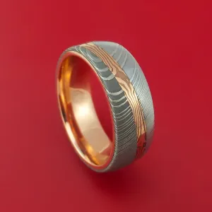 Damascus Steel Ring with Diagonal Rose Gold Mokume Shakudo Inlay and Gold Sleeve Custom Made
