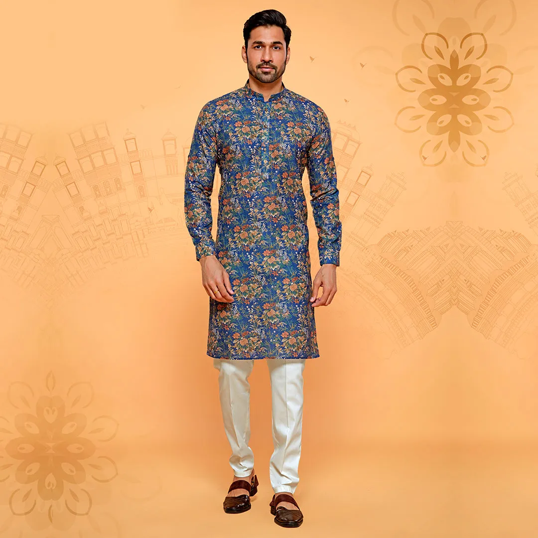 Dark Blue Cotton Kurta Adorned With Big Floral Prints