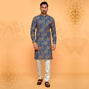 Dark Blue Cotton Kurta Adorned With Big Floral Prints