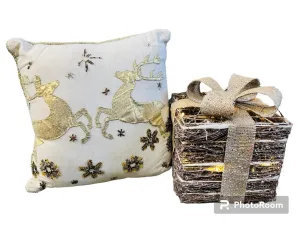 Decorative embellished seasonal pillow 14”x14” has some imperfections and light up vine present with bow 8”x8”