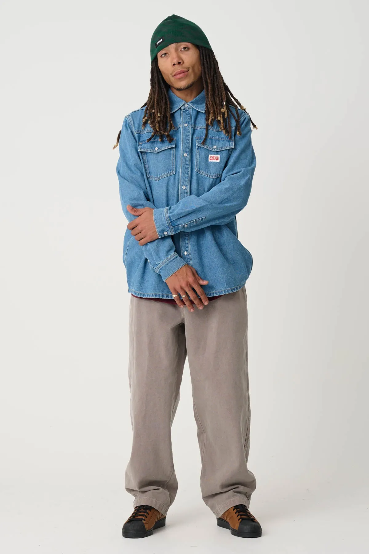 DENIM WESTERN LONG SLEEVE SHIRT - MID BLUE